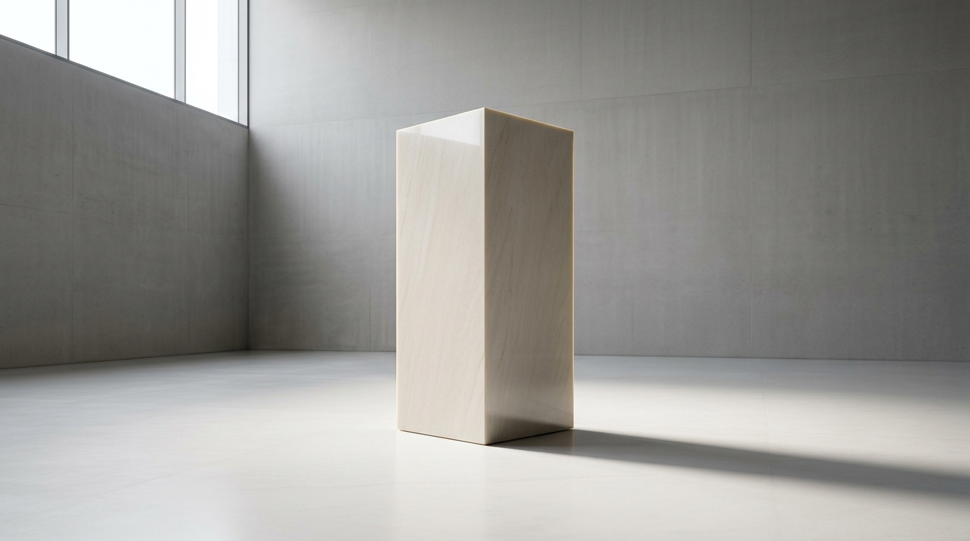 A minimalist alabaster monolith representing Lockene's disciplined corporate structure